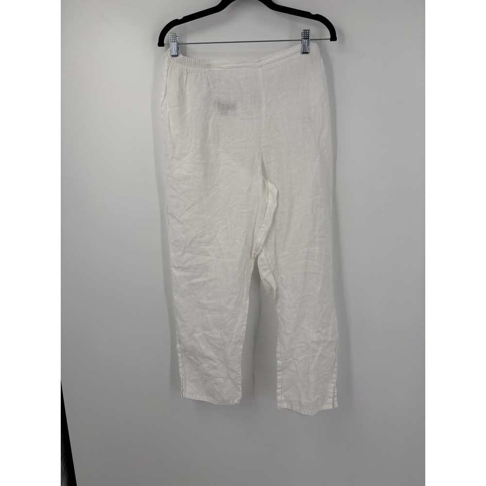 FLAX White 100% Linen Pants Womens Medium Elastic Waist Relaxed Straight Leg - Picture 2 of 4